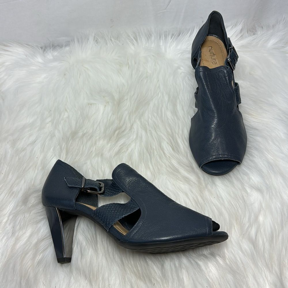 Nurture By Lamaze Navy Leather Peep Toe Heels Sz 8.5